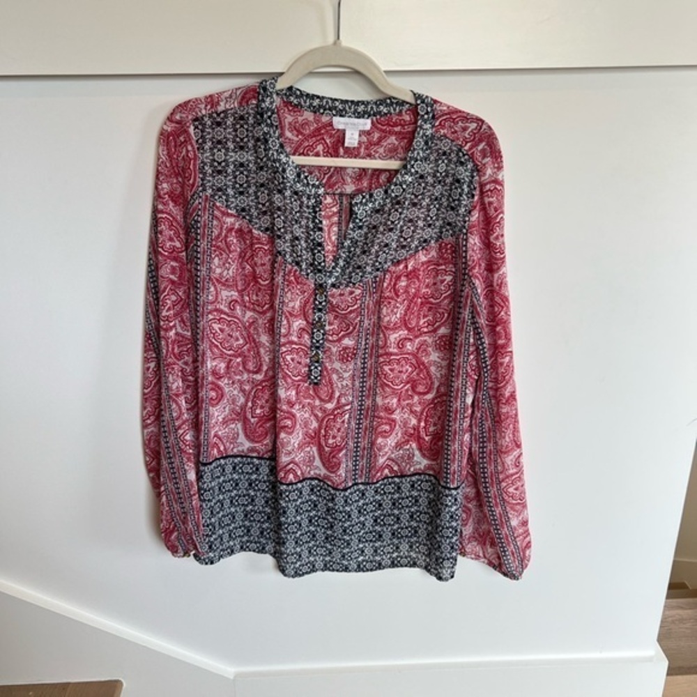Charter Club Red and Black Paisley Blouse Long Sleeve Womens Size Medium